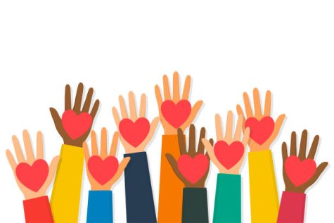 Charity, volunteering and donating concept. Raised up human hands with red hearts. Childrens hands are holding heart symbols. Vector